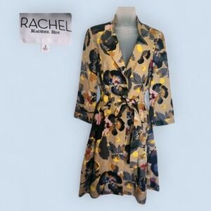 Rachel Roy Classic Chic Khaki Floral A-Line Trench Coat Belted Size 8 Medium